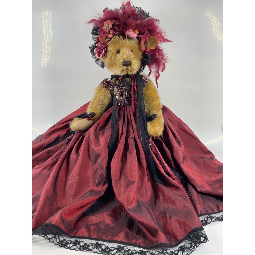 RARE Elsie Massey Collect Victorian Teddy Bear Gothic Gown Feather Bonnet Floral